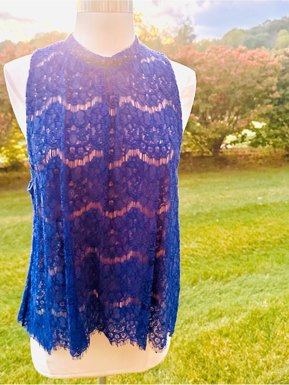 Love, Fire Royal Blue Mock Neck Lace Sleeveless Blouse
